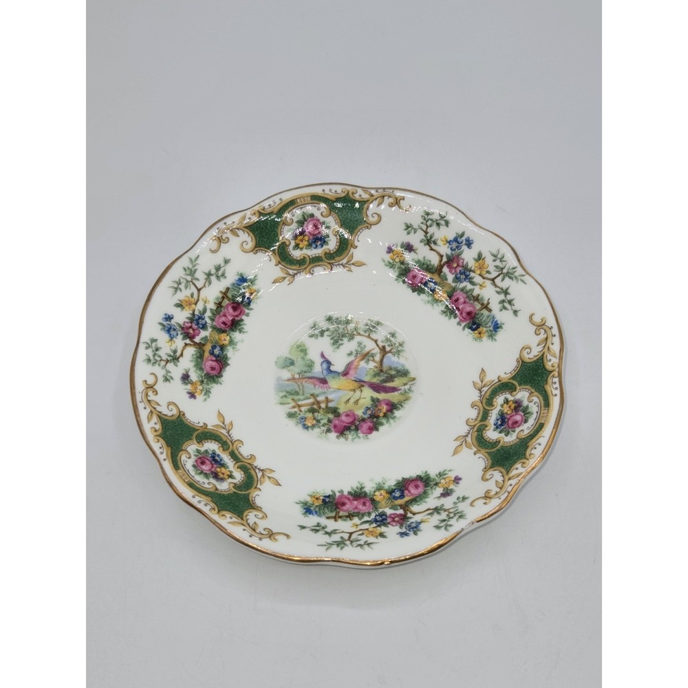 E B Foley Broadway English Bone China Bird Floral Gold Green Saucer 5-5/8"